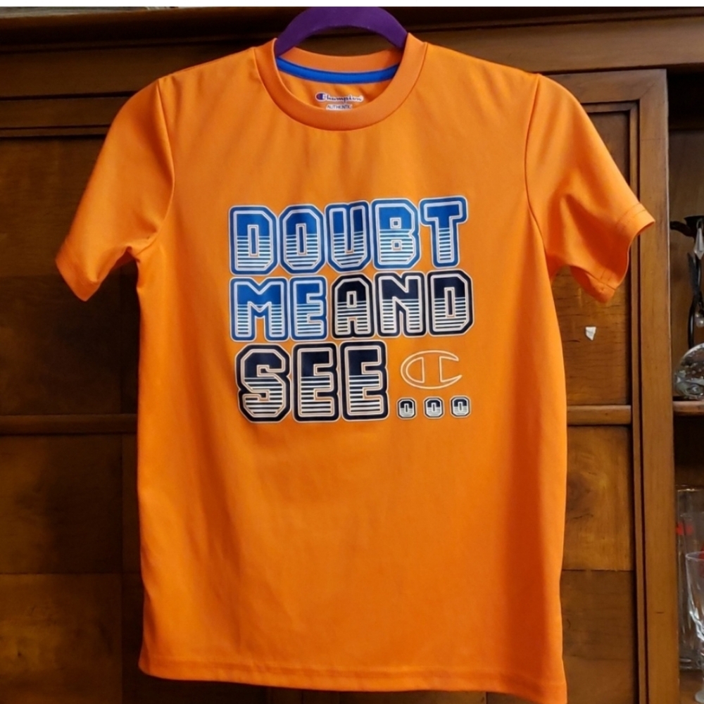 Champion Authentic Orange Graphic Tee with Blue and White Text Size M